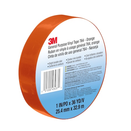 3M Vinyl Tape, 5.0 Mil, 1"x36 yds, Orange, PK36 T965764N
